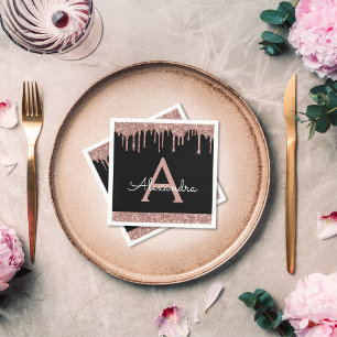 Pink Rose Gold Glitter Black Monogram Birthday Napkin
