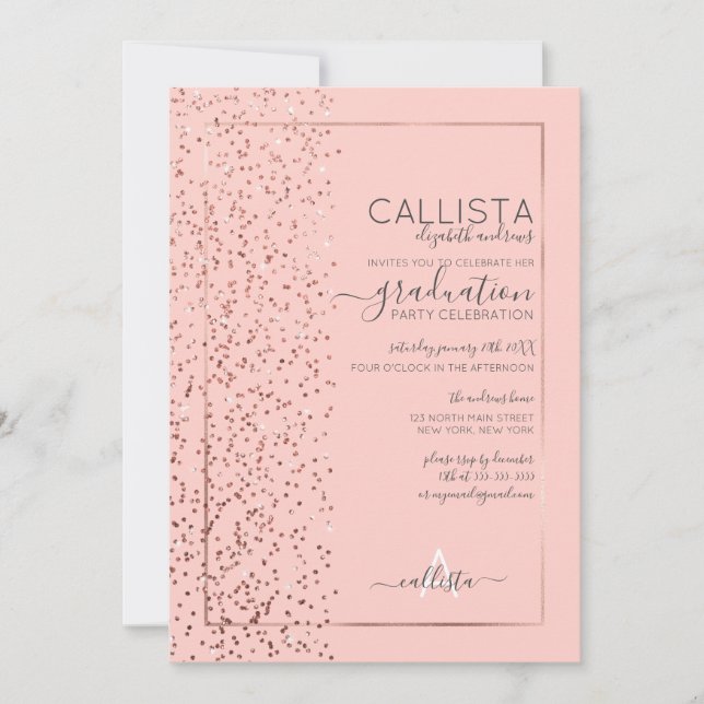 Pink Rose Gold Glitter Confetti Side Graduation Invitation (Front)