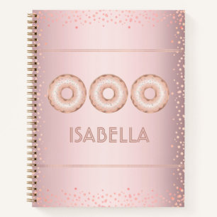Pink rose gold glitter doughnuts name modern girly notebook