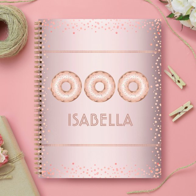 Pink rose gold glitter doughnuts name modern girly notebook (Creator Uploaded)
