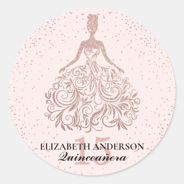 Pink Rose Gold Glitter Dress Sparkle Quinceañera Classic Round Sticker (Front)