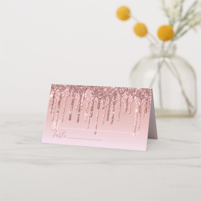Pink Rose Gold Glitter Drip Elegant Personalised Place Card (Front)
