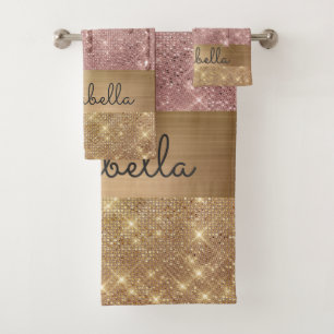Pink Rose Gold Glitter Drips Custom Name Bath Towel Set