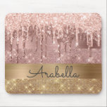Pink Rose Gold Glitter Drips Custom Name Mouse Pad<br><div class="desc">Modern, luxury, rose gold glitter dripping on gold and rose gold colour glitter stripes custom monogram mousepad. This design features faux sparkle glitter stripes and brushed metal in gold, and blush pink rose gold colour glitter with name or monogram text template. Above light blush pink and rose gold glitter dripping....</div>