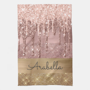 Pink Rose Gold Glitter Drips Custom Name Tea Towel
