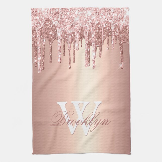 Pink Rose Gold Glitter Drips Pink Monogrammed Tea Towel (Vertical)