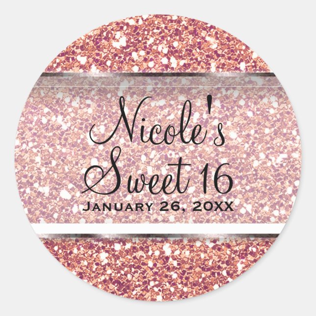 Pink Rose Gold Glitter Glam Sweet 16 Party Favour Classic Round Sticker (Front)