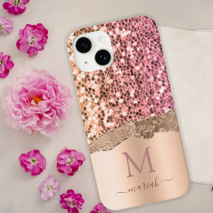 Pink Rose Gold - Glitter Initials Modern Monogram Case-Mate iPhone 14 Case