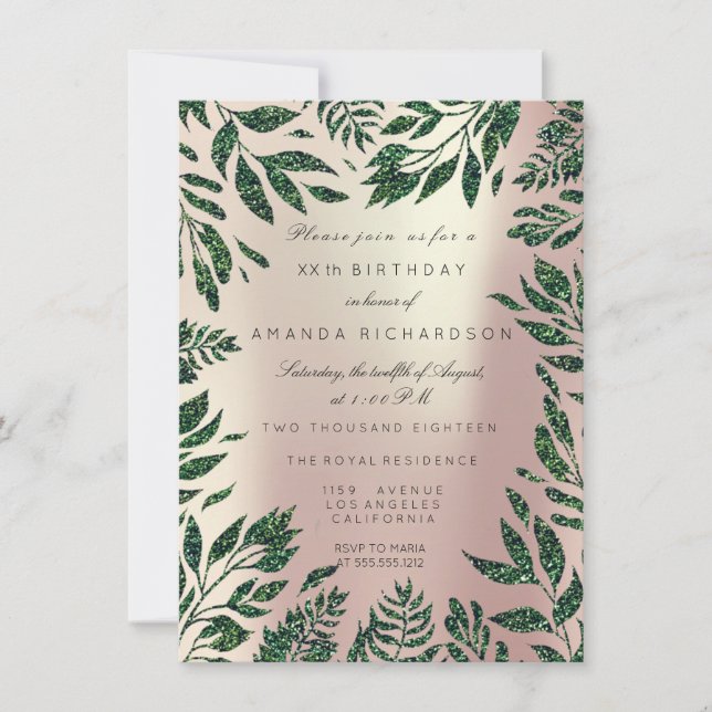 Pink Rose Gold Glitter Leafs Floral Frame Green Invitation (Front)