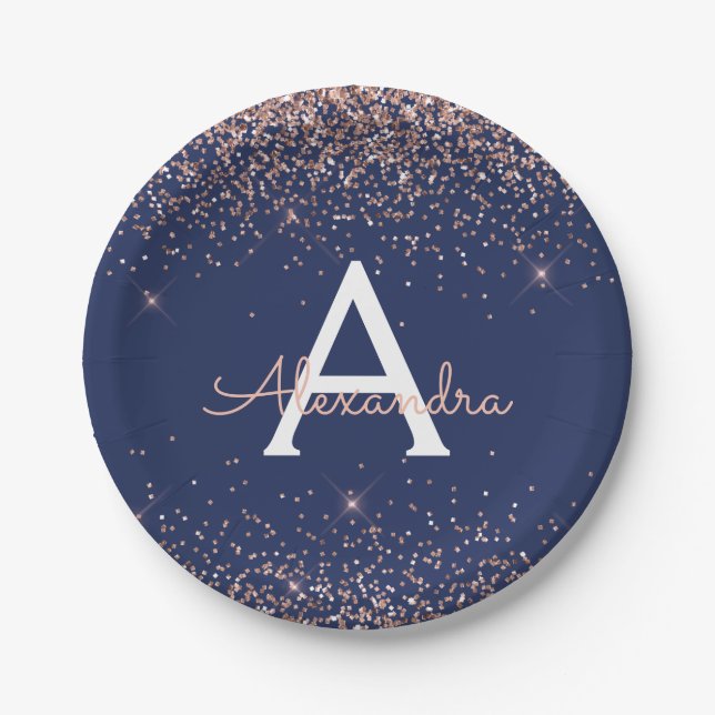 Pink Rose Gold Glitter Navy Blue Monogram Birthday Paper Plate (Front)