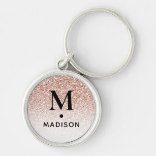 Pink Rose Gold Glitter Ombre Modern Monogram Name Key Ring