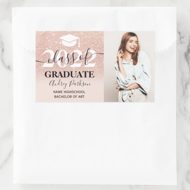 pink rose gold glitter ombre photo graduation rectangular sticker (Bag)