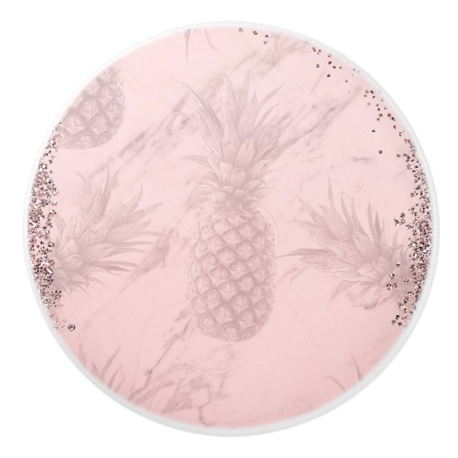 Pink Rose Gold Glitter Pineapple Tropical Chic Ceramic Knob (Front)