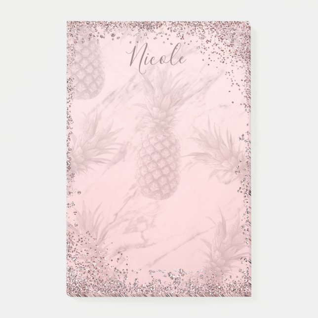 Pink Rose Gold Glitter Pineapple Tropical Chic Post-it Notes (Front)
