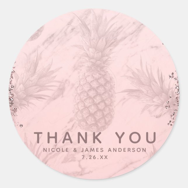 Pink Rose Gold Glitter Pineapple Tropical Favour Classic Round Sticker (Front)