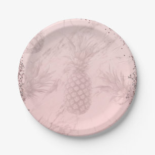 Pink Rose Gold Glitter Pineapple Tropical Party Paper Plate