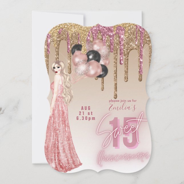 Pink Rose Gold Glitter Quinceanera Invitation (Front)