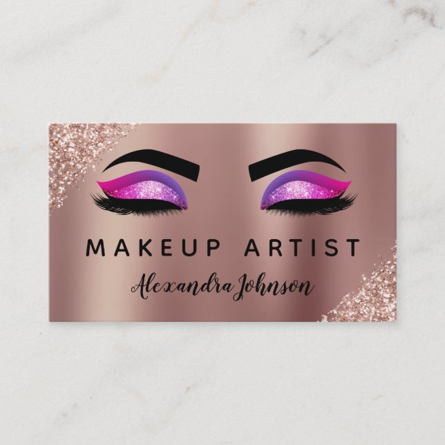 Pink Rose Gold Glitter Sparkle Makeup Artist Business Card (Front)