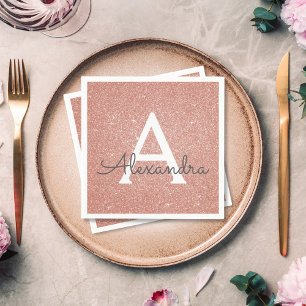 Pink Rose Gold Glitter & Sparkle Monogram Birthday Napkin