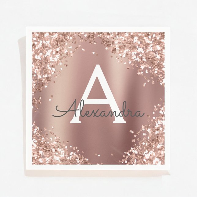 Pink Rose Gold Glitter & Sparkle Monogram Birthday Napkin (Creator Uploaded)