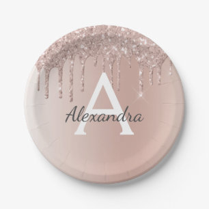 Pink Rose Gold Glitter & Sparkle Monogram Birthday Paper Plate