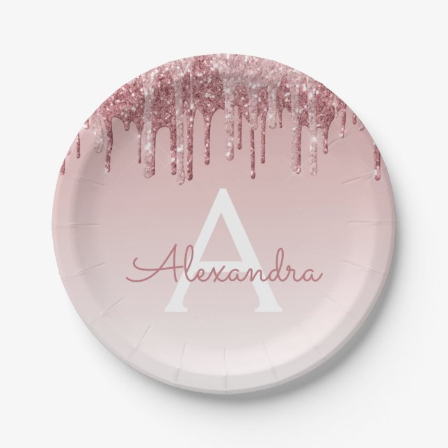 Pink Rose Gold Glitter & Sparkle Monogram Birthday Paper Plate (Front)