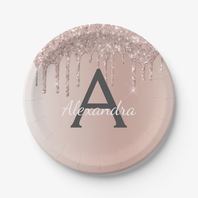 Pink Rose Gold Glitter & Sparkle Monogram Birthday Paper Plate (Front)
