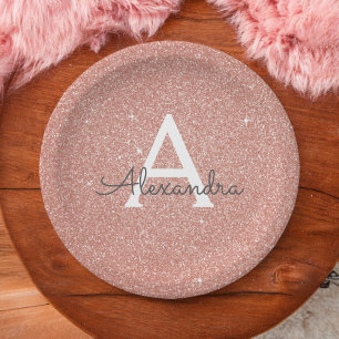 Pink Rose Gold Glitter & Sparkle Monogram Birthday Paper Plate