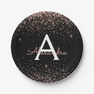Pink Rose Gold Glitter Sparkle Monogram Birthday Paper Plate