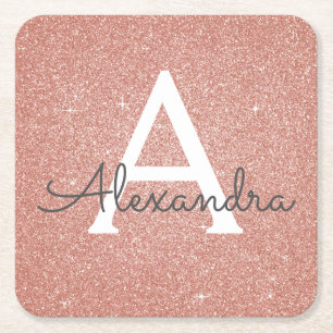 Pink Rose Gold Glitter & Sparkle Monogram Birthday Square Paper Coaster
