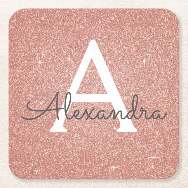 Pink Rose Gold Glitter & Sparkle Monogram Birthday Square Paper Coaster (Front)