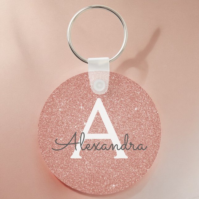 Pink Rose Gold Glitter & Sparkle Monogram Key Ring (Creator Uploaded)