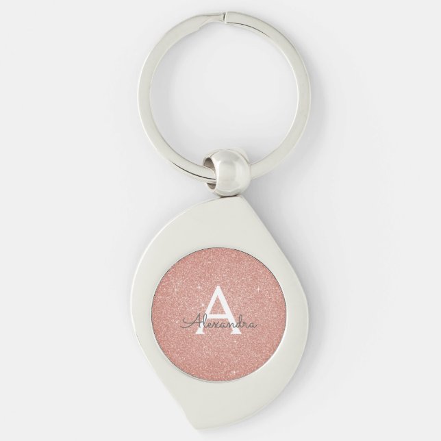 Pink Rose Gold Glitter & Sparkle Monogram Key Ring (Front)