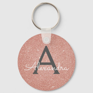 Pink Rose Gold Glitter & Sparkle Monogram Key Ring