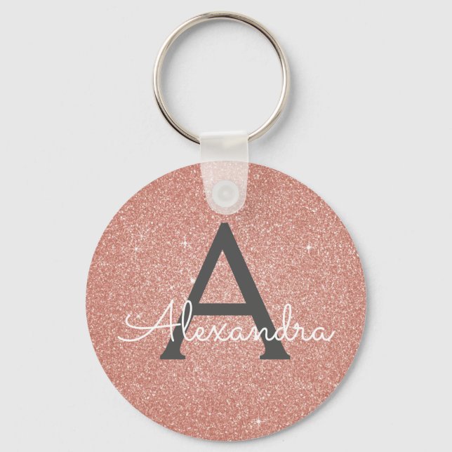 Pink Rose Gold Glitter & Sparkle Monogram Key Ring (Front)