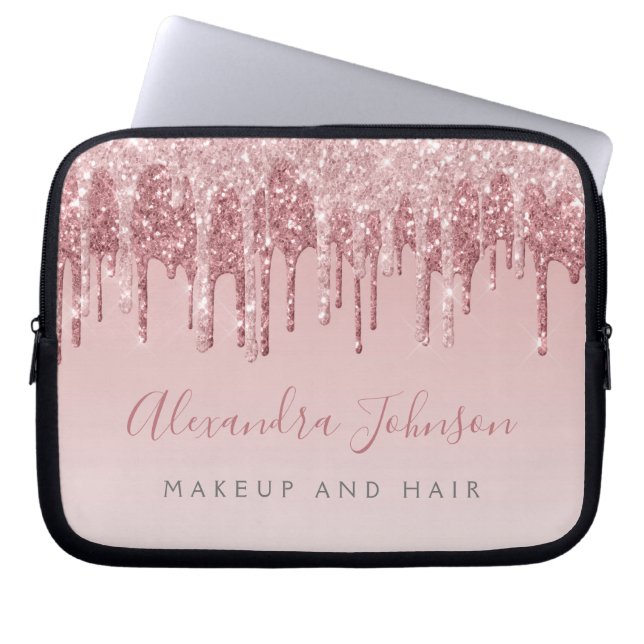 Pink Rose Gold Glitter Sparkle Monogram Laptop Sleeve (Front)