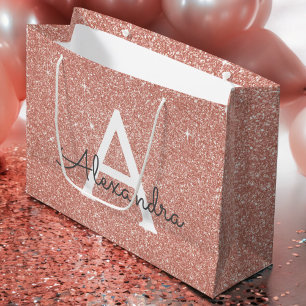 Pink Rose Gold Glitter & Sparkle Monogram Large Gift Bag