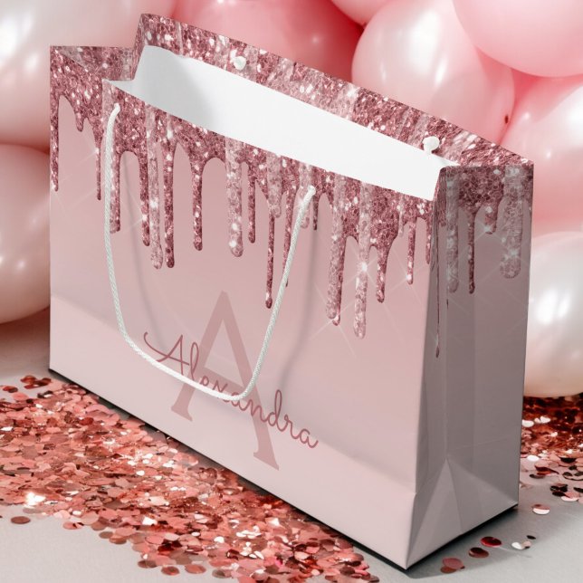 Pink Rose Gold Glitter & Sparkle Monogram Large Gift Bag (Creator Uploaded)