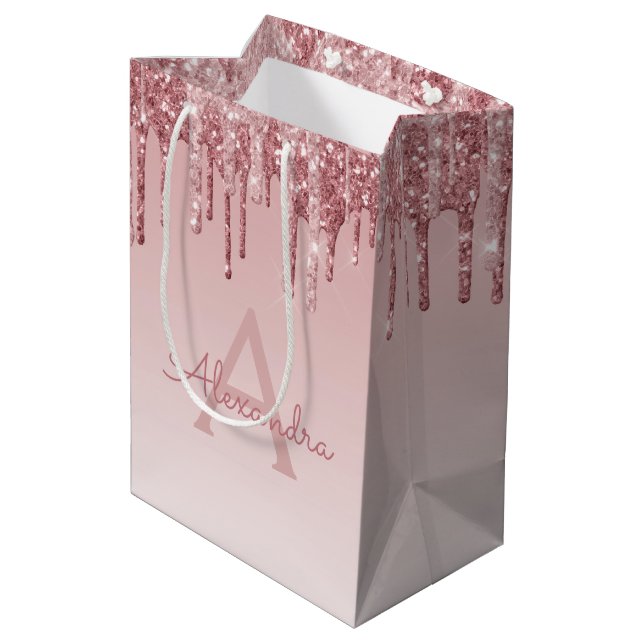 Pink Rose Gold Glitter & Sparkle Monogram Medium Gift Bag (Back Angled)