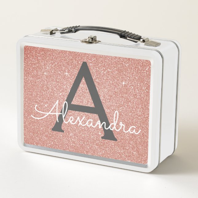 Pink Rose Gold Glitter & Sparkle Monogram Metal Lunch Box (Front)