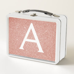 Pink Rose Gold Glitter & Sparkle Monogram Metal Lunch Box