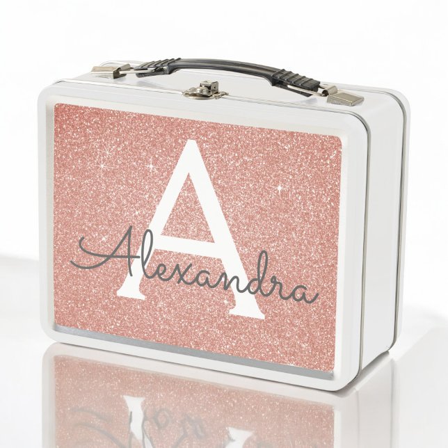 Pink Rose Gold Glitter & Sparkle Monogram Metal Lunch Box (Creator Uploaded)