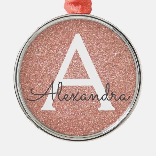Pink Rose Gold Glitter & Sparkle Monogram Metal Tree Decoration (Front)