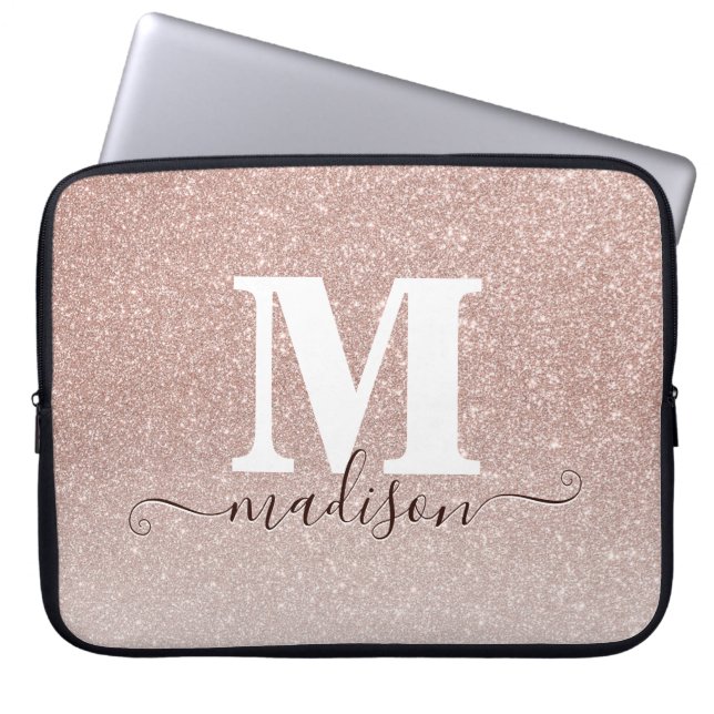 Pink Rose Gold Glitter Sparkle Monogram Script Laptop Sleeve (Front)