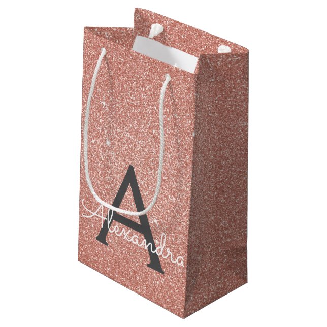 Pink Rose Gold Glitter & Sparkle Monogram Small Gift Bag (Back Angled)