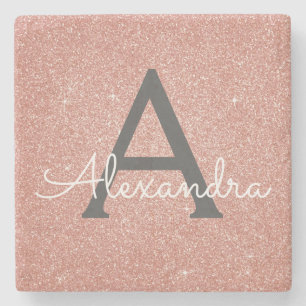 Pink Rose Gold Glitter & Sparkle Monogram Stone Coaster