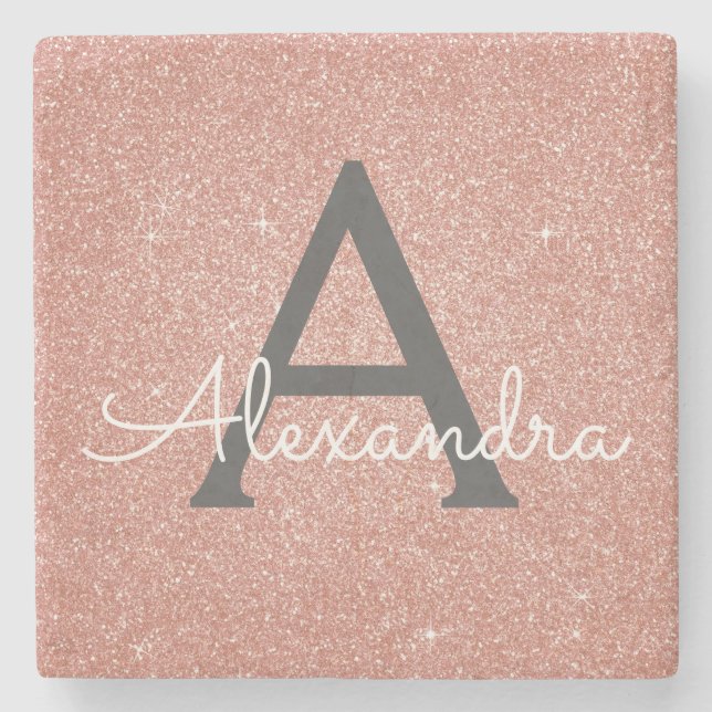 Pink Rose Gold Glitter & Sparkle Monogram Stone Coaster (Front)