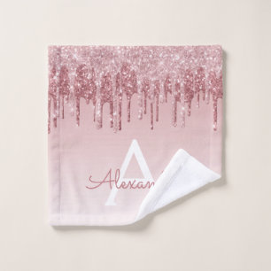 Pink Rose Gold Glitter & Sparkle Monogram Wash Cloth