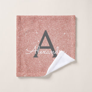 Pink Rose Gold Glitter & Sparkle Monogram Wash Cloth