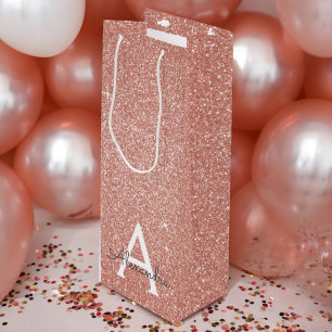 Pink Rose Gold Glitter & Sparkle Monogram Wine Gift Bag